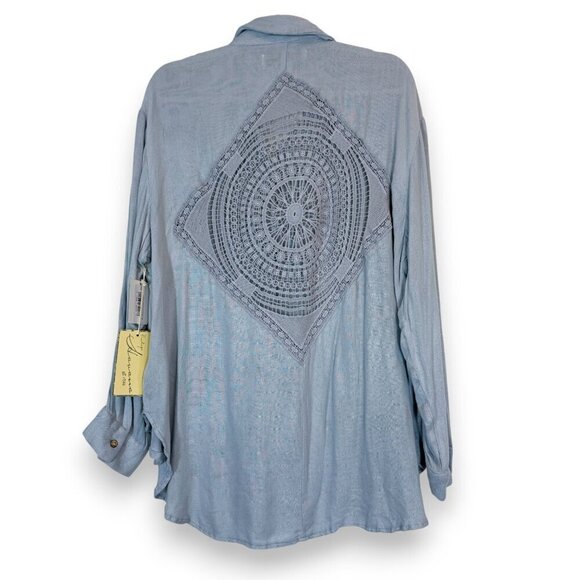 Vintage Havana Crochet Detail Tunic Button Up Top Blouse Shirt Blue Boho Medium - Picture 2 of 14